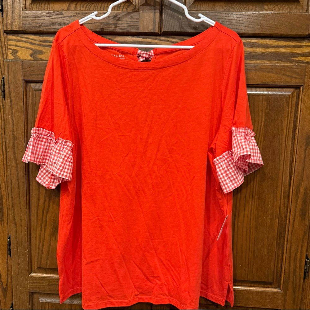 Talbots Top Blouse 2XP Petite Plus Women’s Red Gingham Ruffle Sleeves Bow NWT